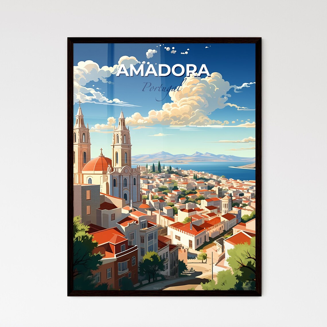 Amadora Portugal Red Roof City Bay View Vintage Travel Poster