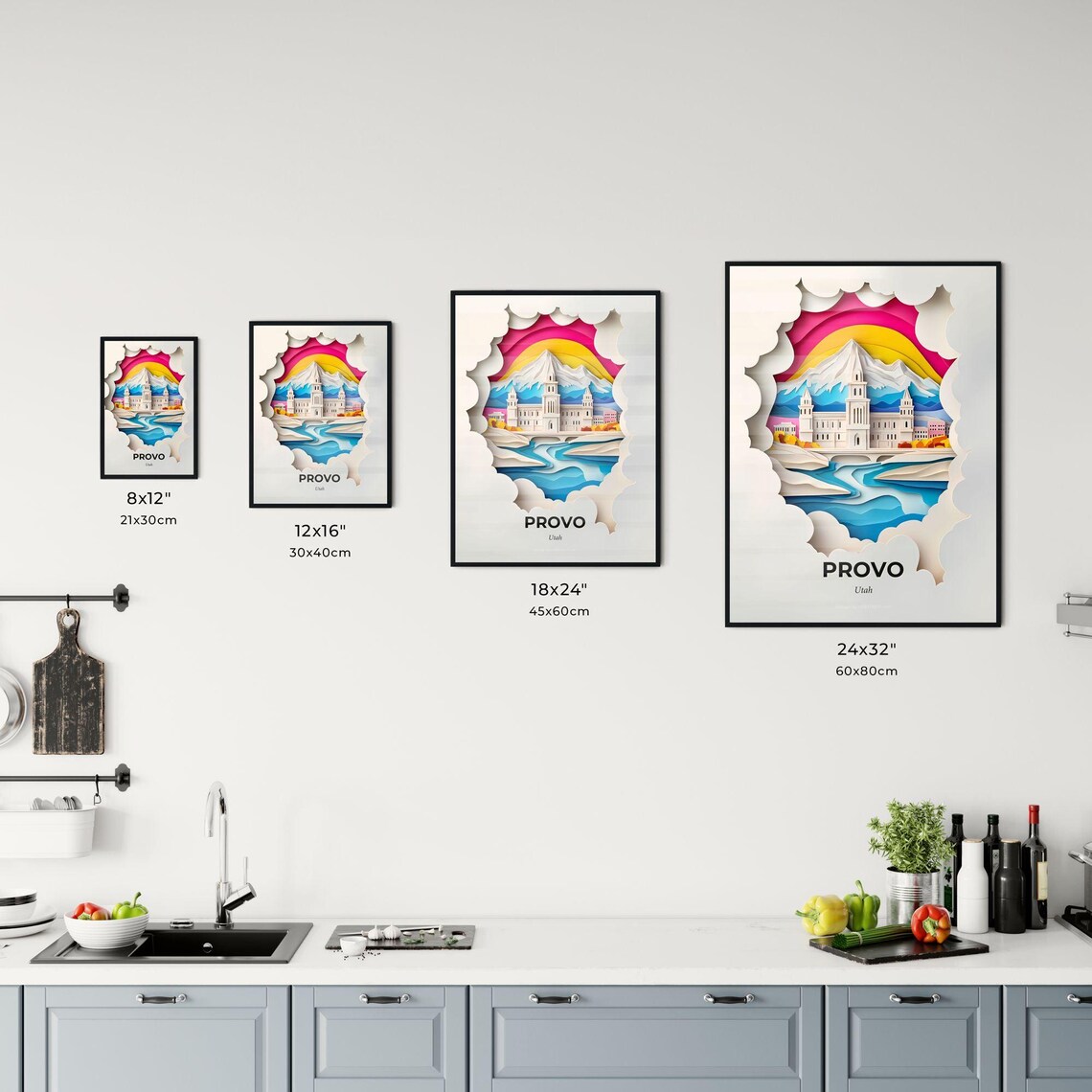 Vivid Provo Utah Mountain Church River Papercut Travel Poster - Image 3