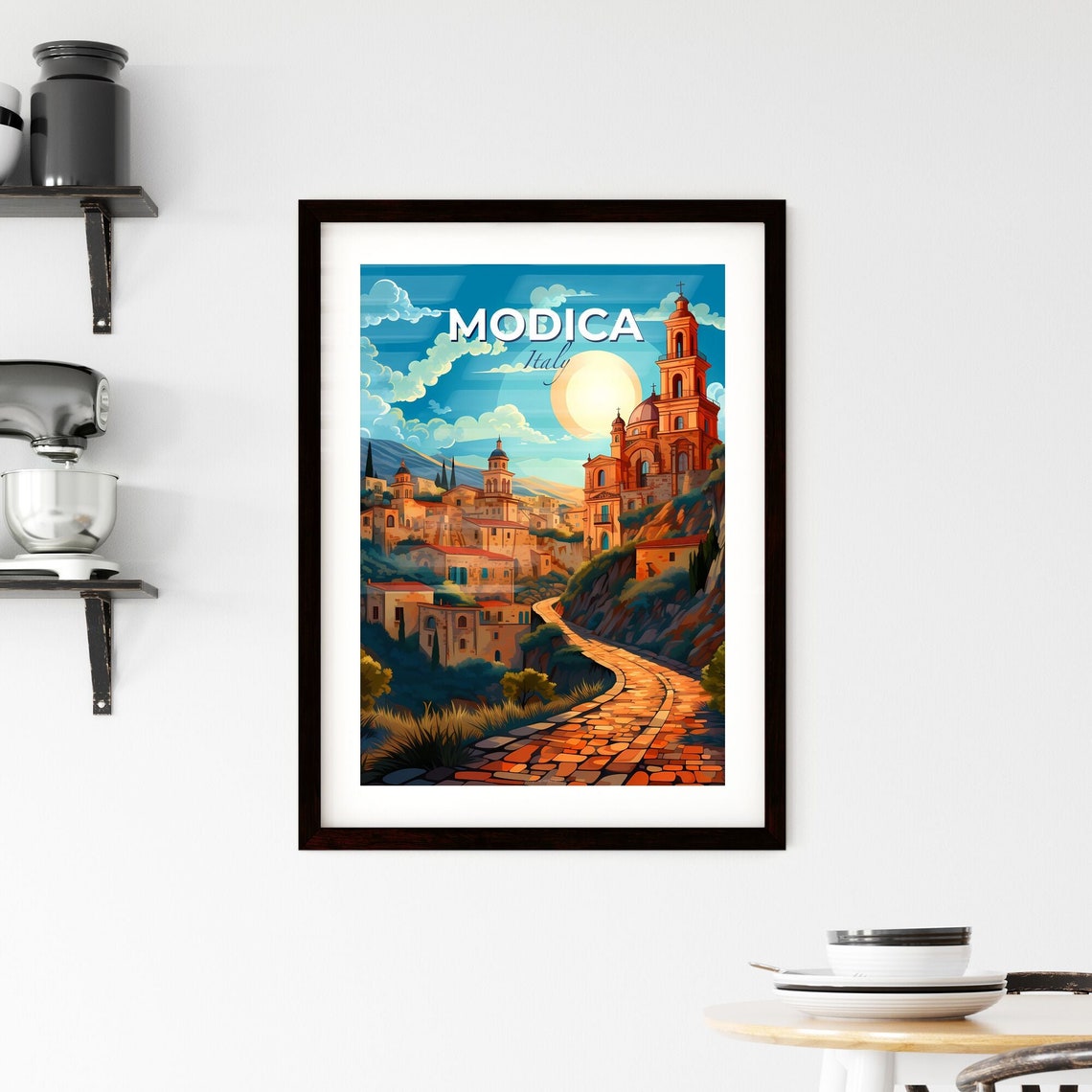 Modica Italy Hillside Town Travel Poster Stone Path Baroque Art - Image 2