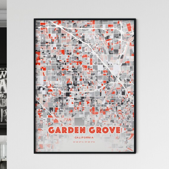 Garden Grove California City Map Art Modern Red Gray Decor Poster