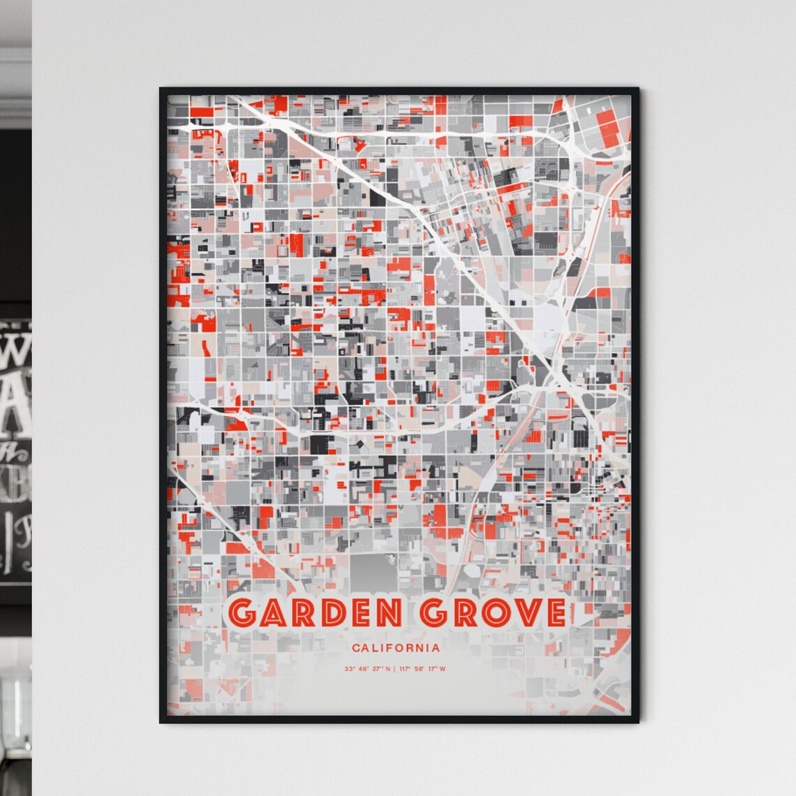 Garden Grove California City Map Art Modern Red Gray Decor Poster
