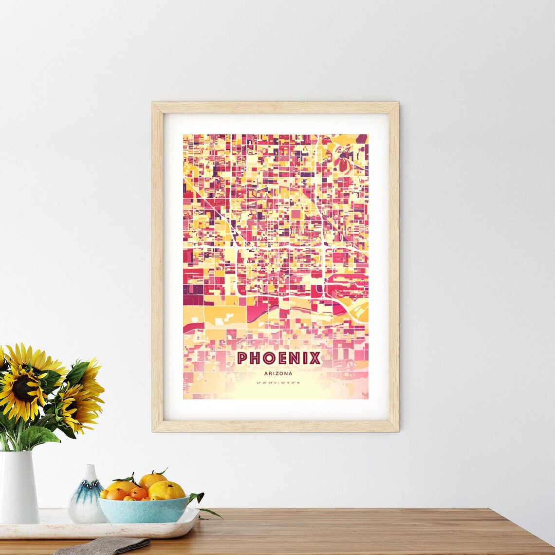 Phoenix Arizona Vibrant Red Sunset Tones City Map Art Poster - Image 2