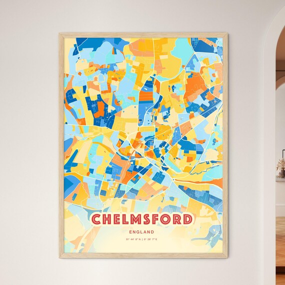 Chelmsford England City Map Abstract Blue Orange Modern Art Print