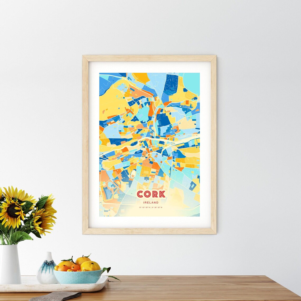Cork Ireland Modern Geometric Blue Orange City Map Art Poster - Image 2