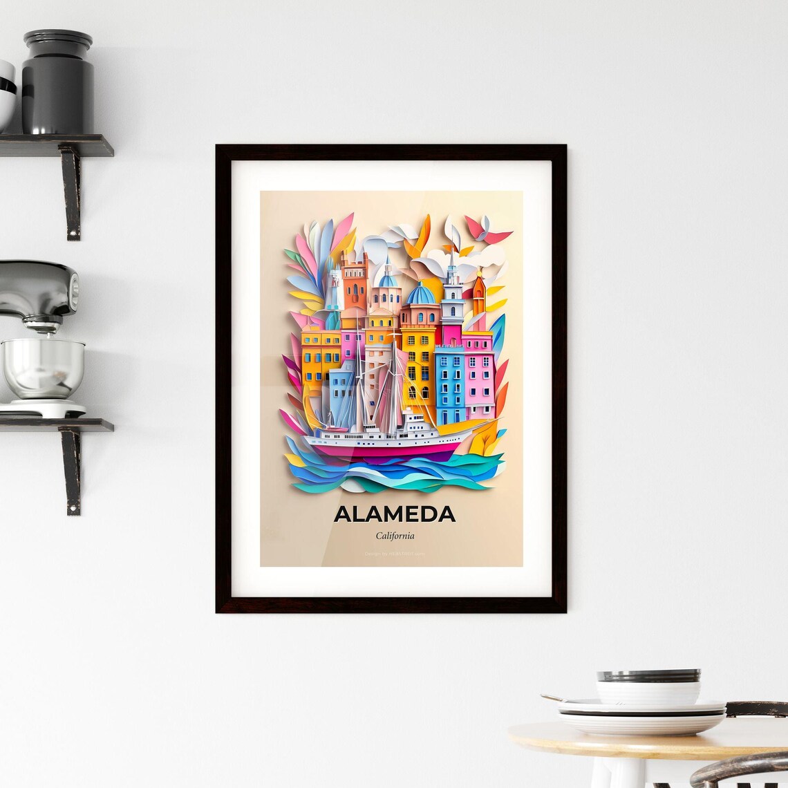 Alameda California Harbor Ship Colorful Paper Cut Art Poster - Image 2