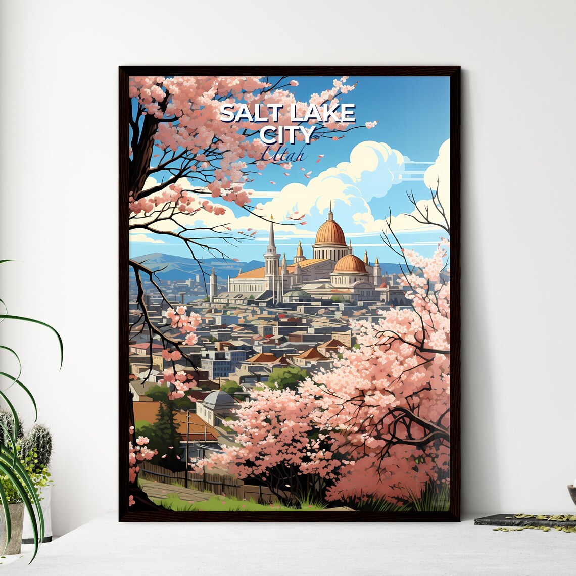 Salt Lake City Utah Cherry Blossom Skyline Spring View Travel Poster