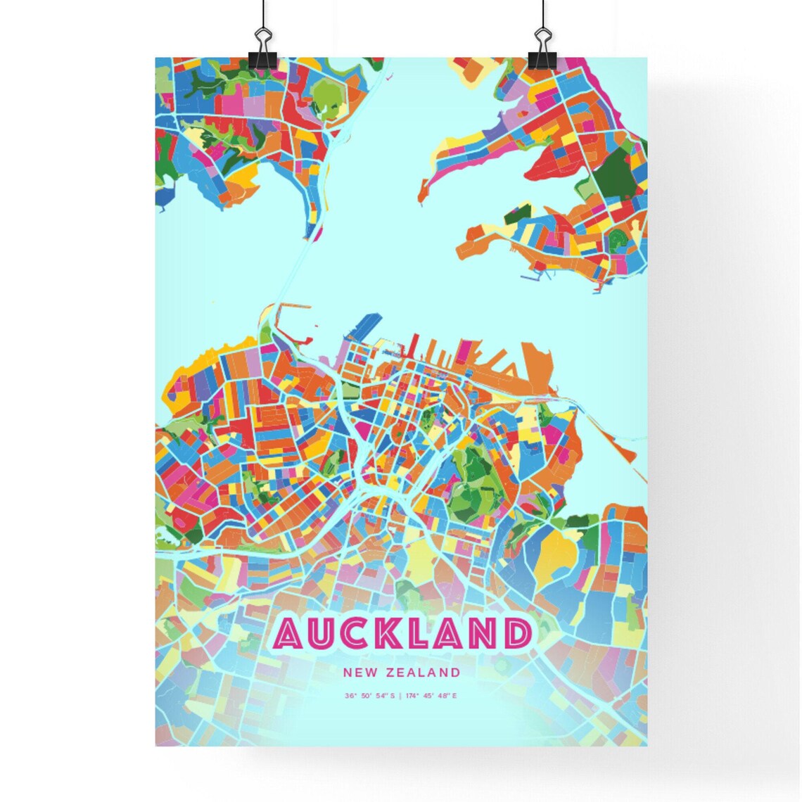 Auckland New Zealand Crazy Colorful Mosaic City Map Art Poster - Image 3