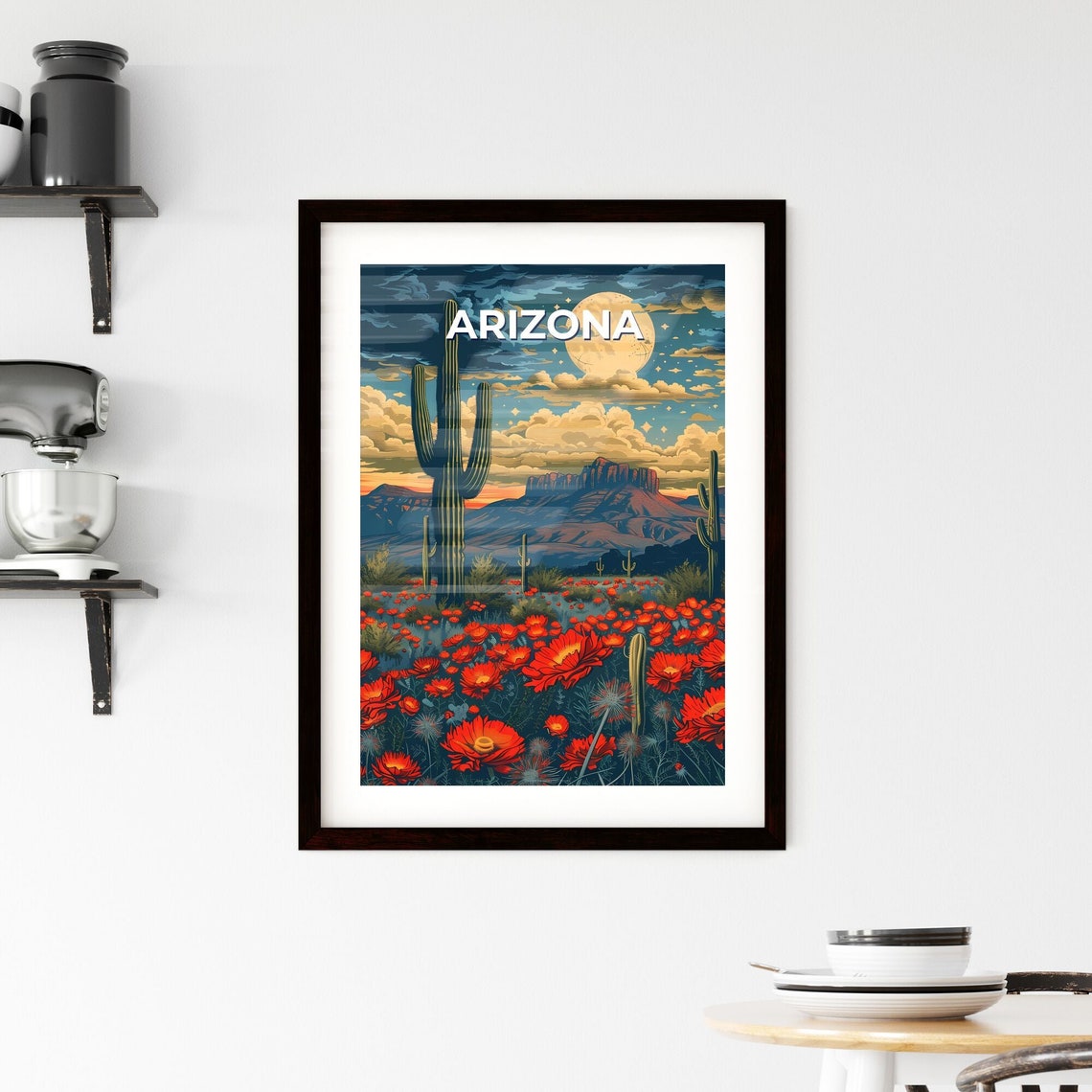 Arizona Saguaro Cactus Wildflower Field Moonlit Night Vintage Poster - Image 2