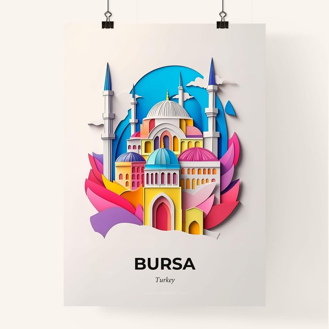 Bursa Turkey Colorful Ottoman Mosque 3D Paper Cut Domes Art Poster - Image 4