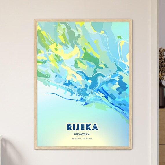 Rijeka Hrvatska Colorful Modern Bluish Coastal City Map Art Poster