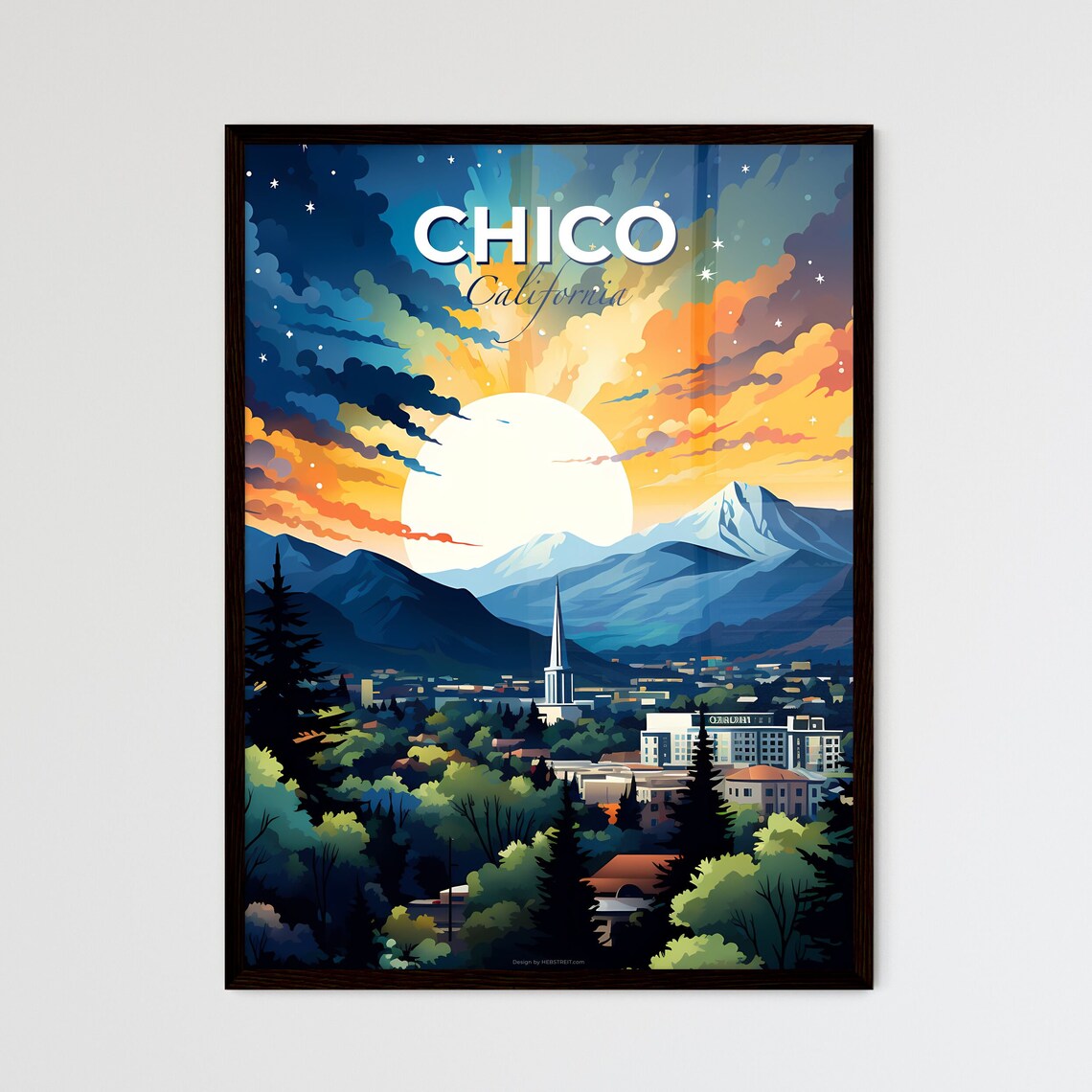 Chico California Big Sun Mountain Town Evergreen Sunset Poster