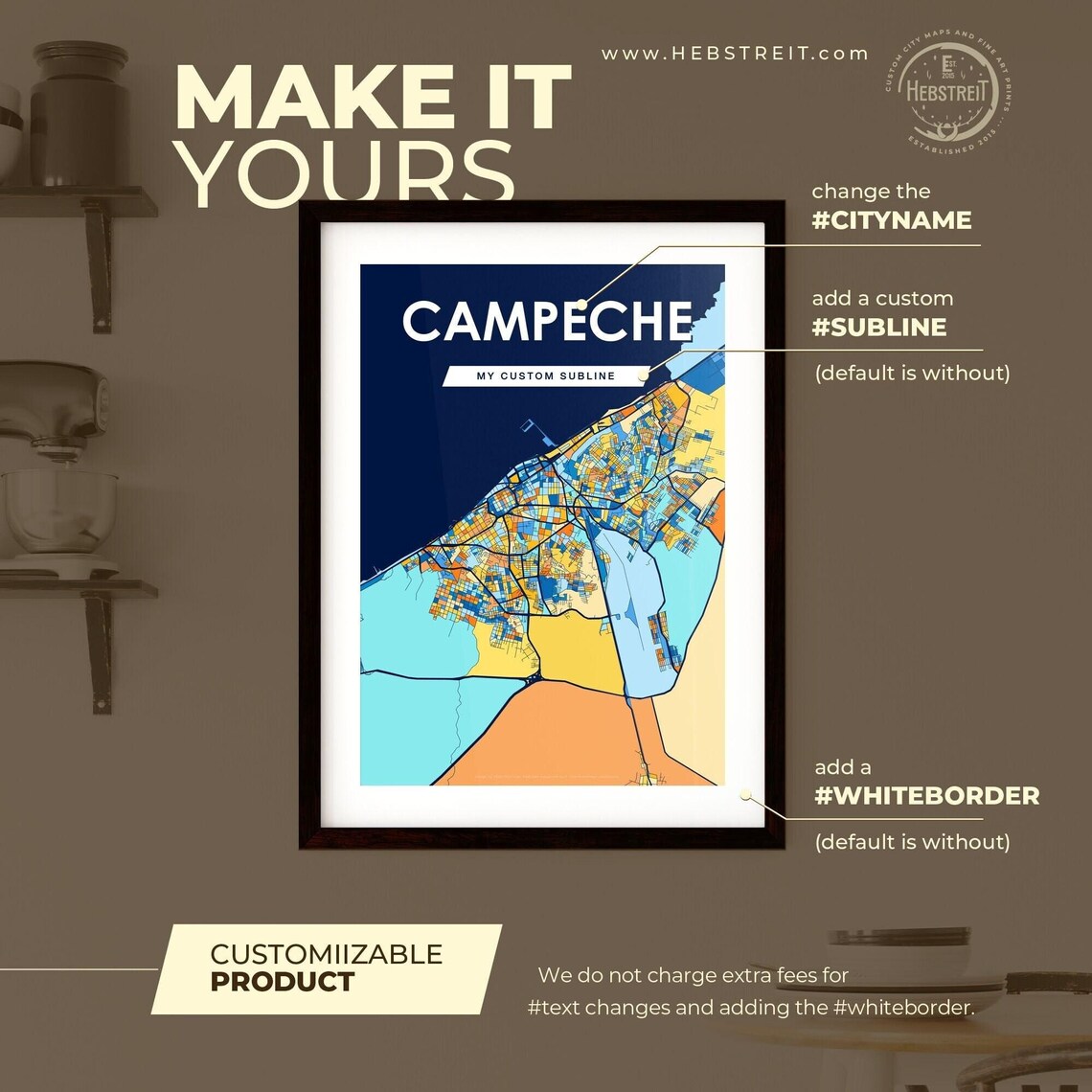 Campeche Mexico Vibrant Colorful Illustrated Street Map Art Poster - Image 2