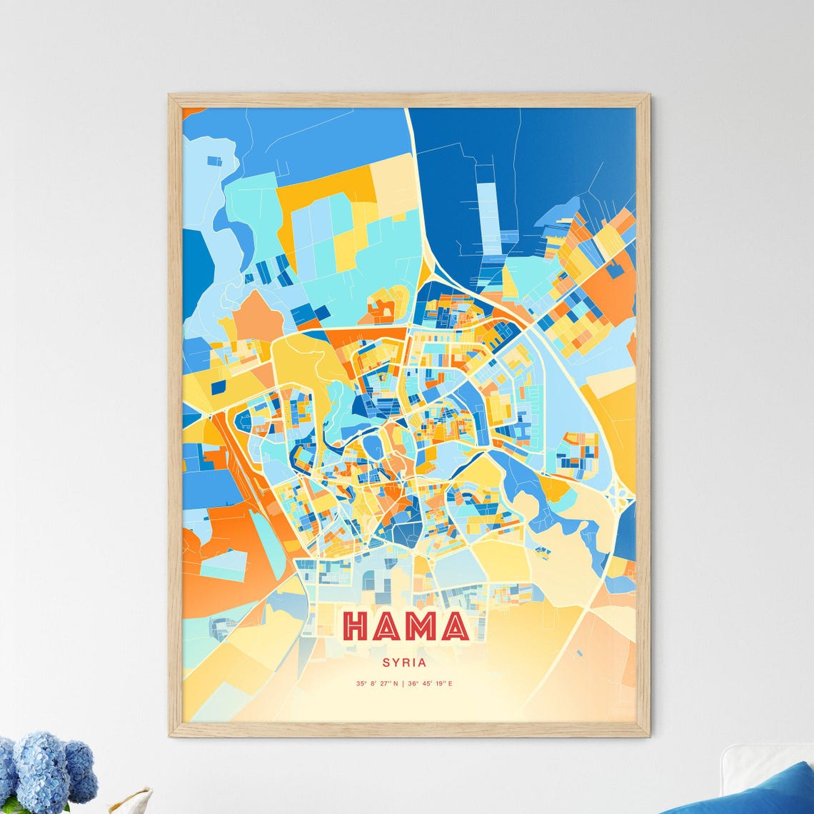 Hama Syria Colorful Abstract City Map Blue Orange Art Poster