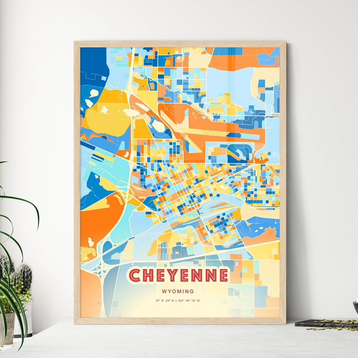 Cheyenne Wyoming Colorful Blue and Orange Retro City Street Map Wall Art - Image 3