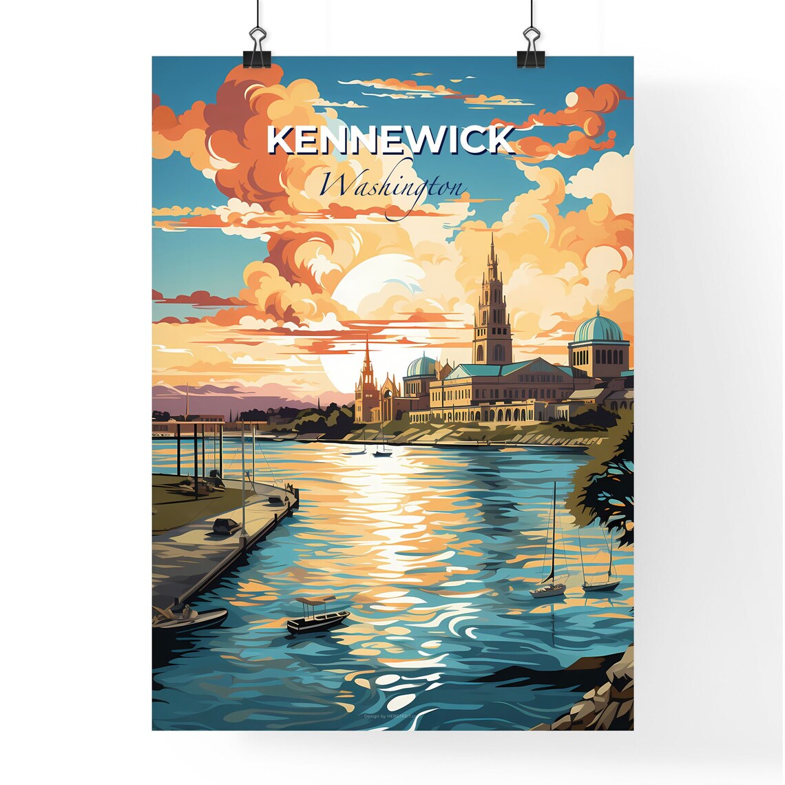 Kennewick Washington Waterfront Sunset Sailboat Travel Poster - Image 4