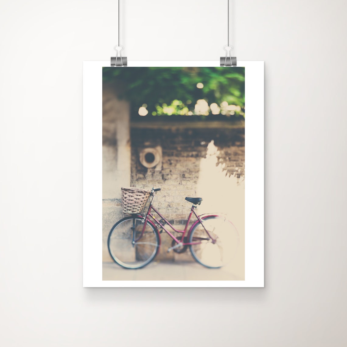 Red Bicycle With Wicker Basket Against Stone Wall Cambridge Print
