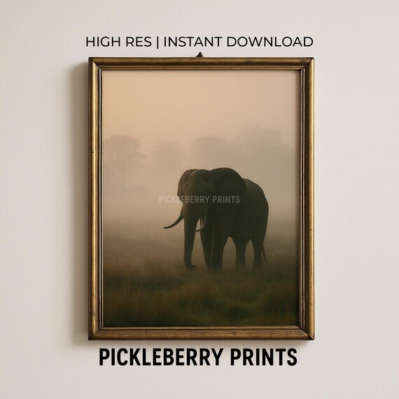 Serene Elephant In Misty Grassland Print Wall Art Instant Nature Home Decor Safari Animal Wildlife Gift