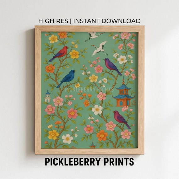 Chinoiserie Wall Art Vintage Birds And Flowers Print Instant Botanical Home Decor Nature