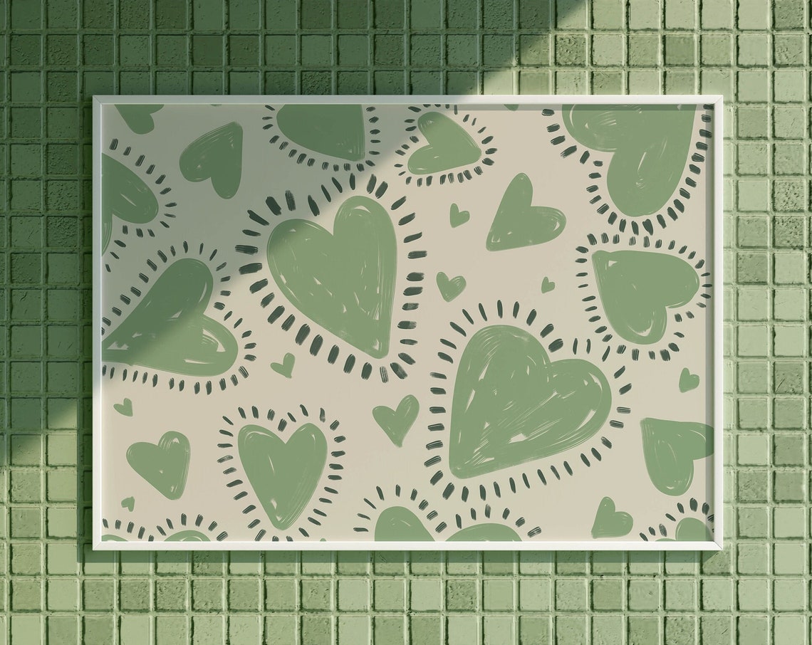 Heart Painting Sage Green Wall Art Preppy Room Decor For Girls Trendy Wall Art Girls Room Decor Horizontal Wall Art Green Bedroom Decor