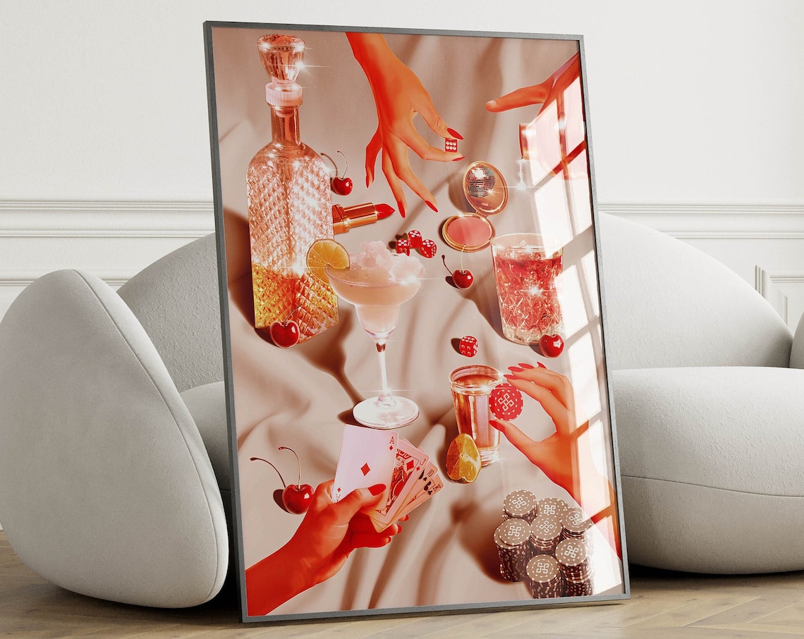 Retro Poker Night Cocktail Poster, Bar Cart Decor