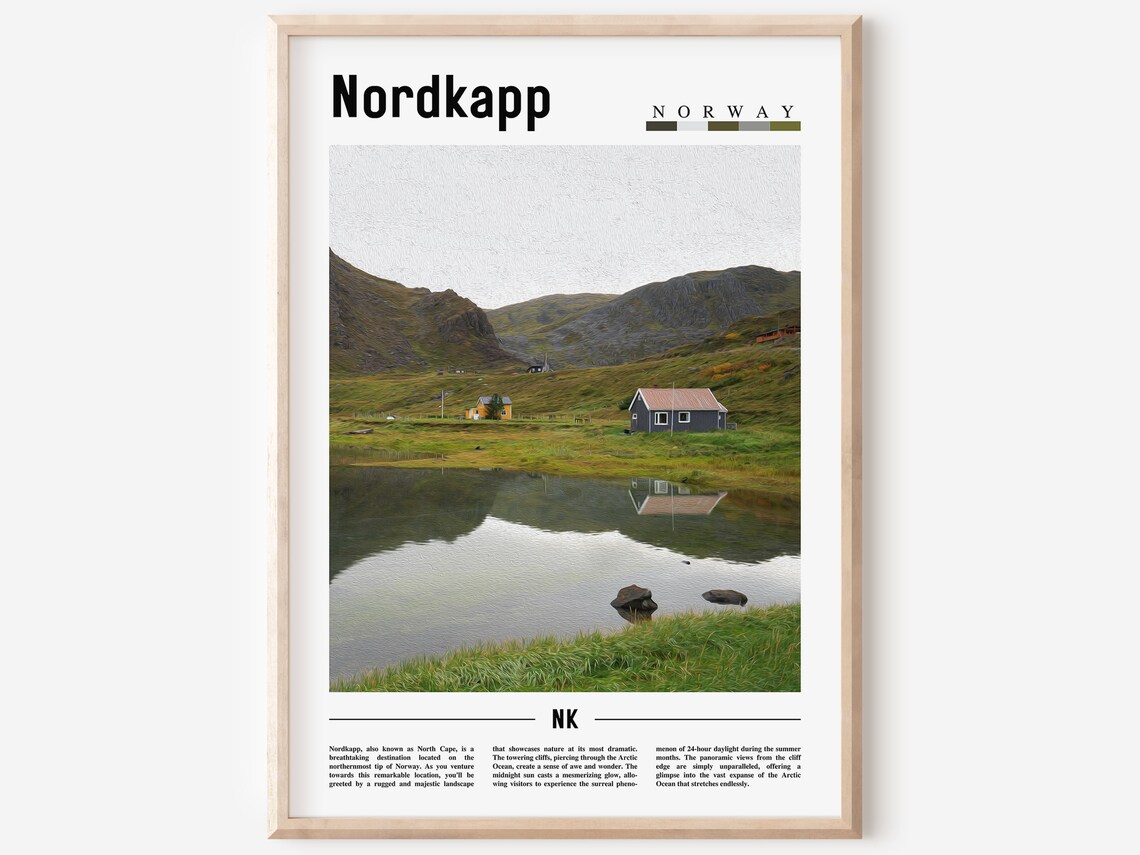 Nordkapp Norway Arctic Cabin Lake Reflection Travel Poster Art