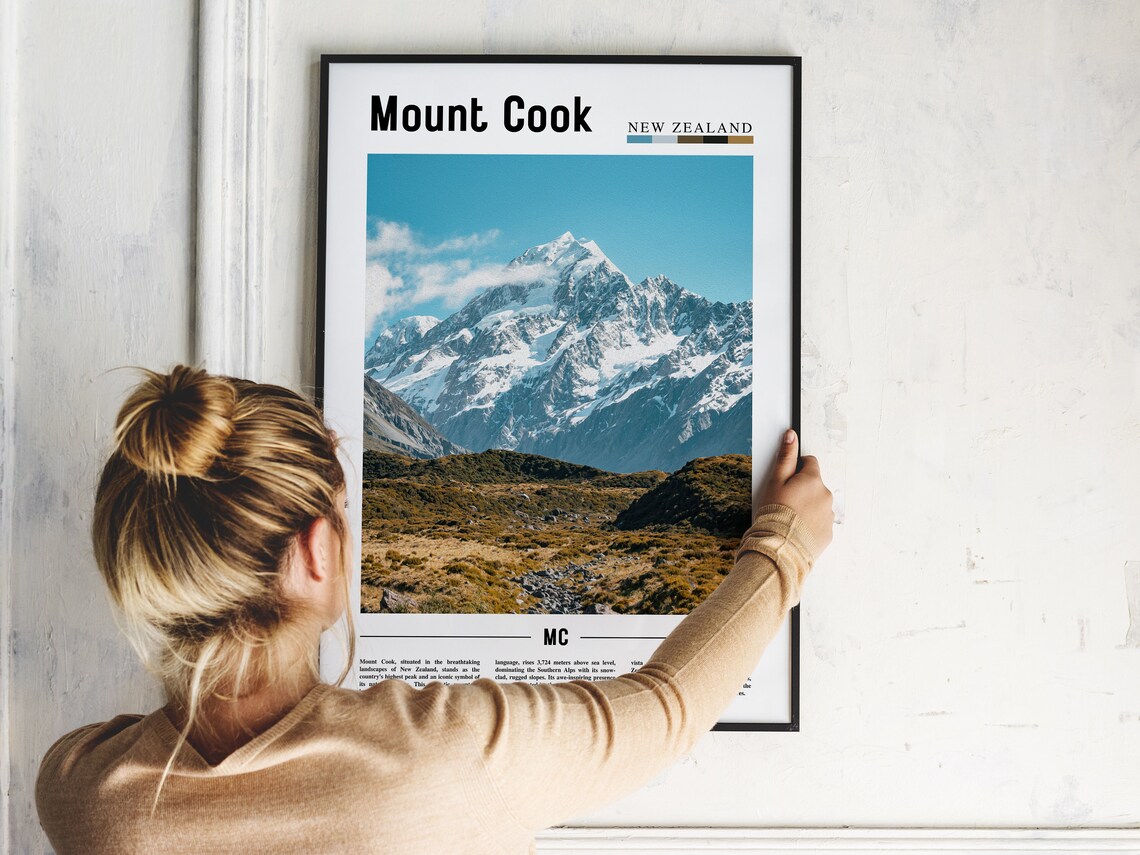 Mount Cook Snowcapped Peak New Zealand Minimal Travel Photo Poster - Image 2