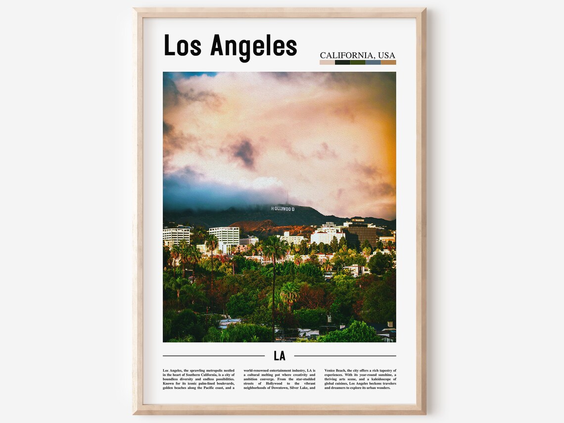 Los Angeles California Hollywood Sign Sunset City View Travel Poster