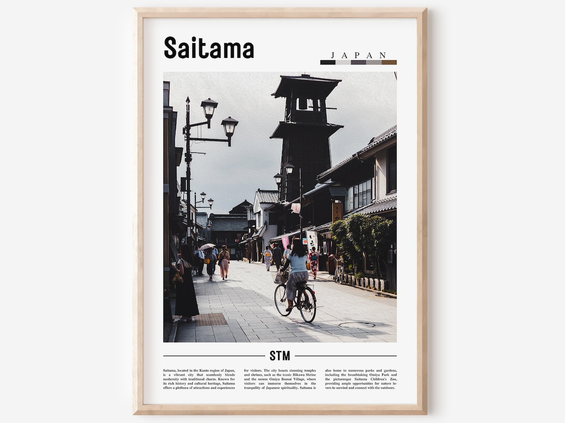 Saitama Japan Old Clock Tower Street Cyclist Photography Travel Poster