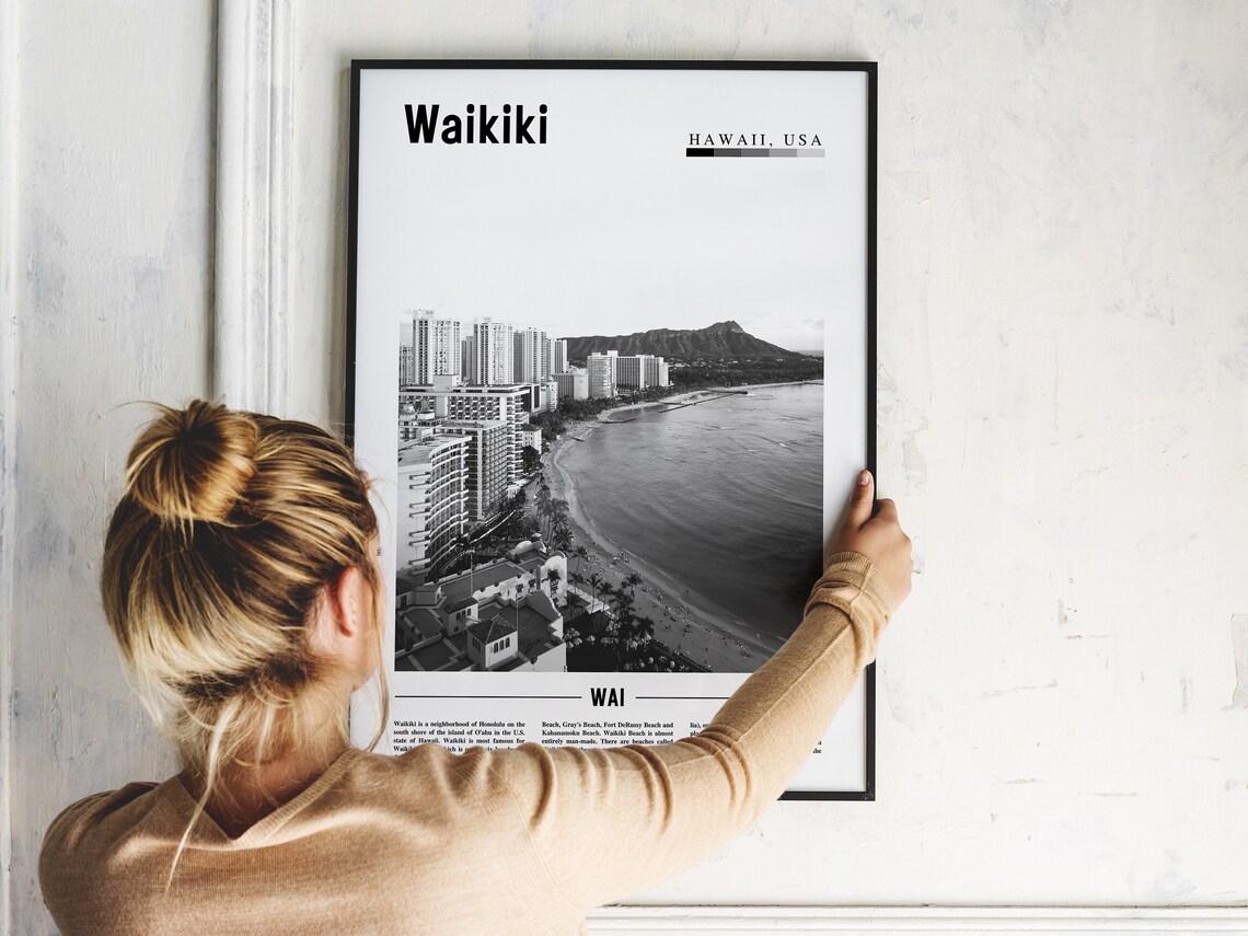Waikiki Hawaii Black and White Diamond Head Beach Photo Poster - Image 2
