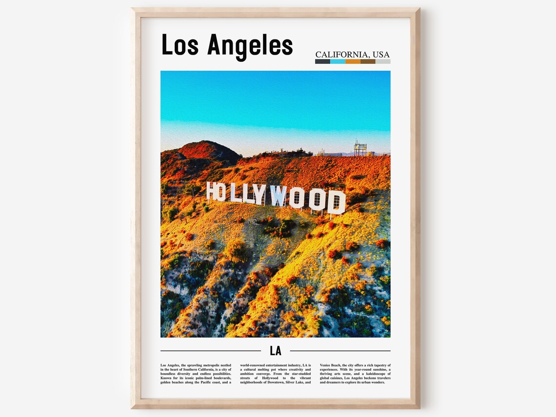 Los Angeles Hollywood Sign Sunny Aerial View California Art Poster