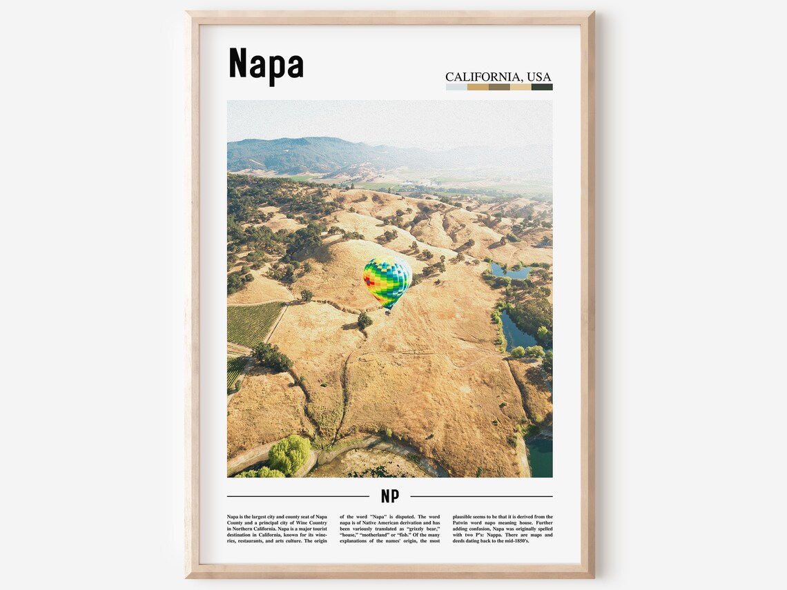 Napa California USA Hot Air Balloon Vineyard Travel Art Poster