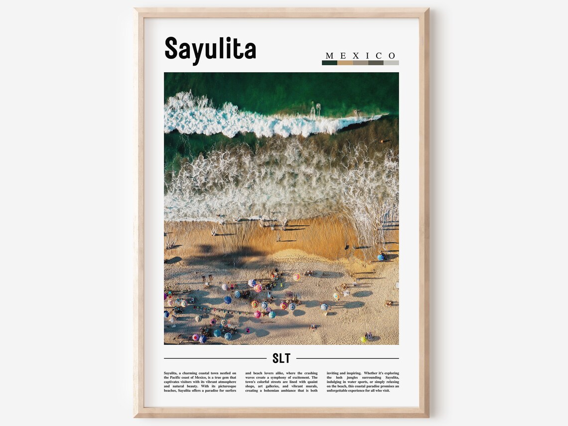 Sayulita Mexico Aerial Beach Waves Umbrellas Poster SLT Surf Art