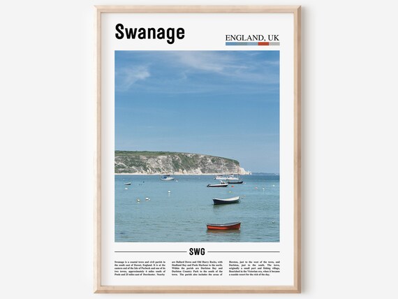 Swanage England Coastal Bay Boats Chalk Cliffs Travel Poster