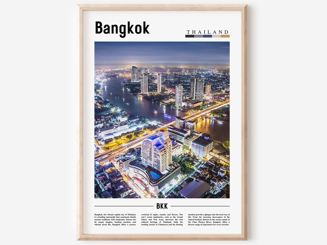 Bangkok Thailand Night Skyline Photo City River Lights Travel Poster
