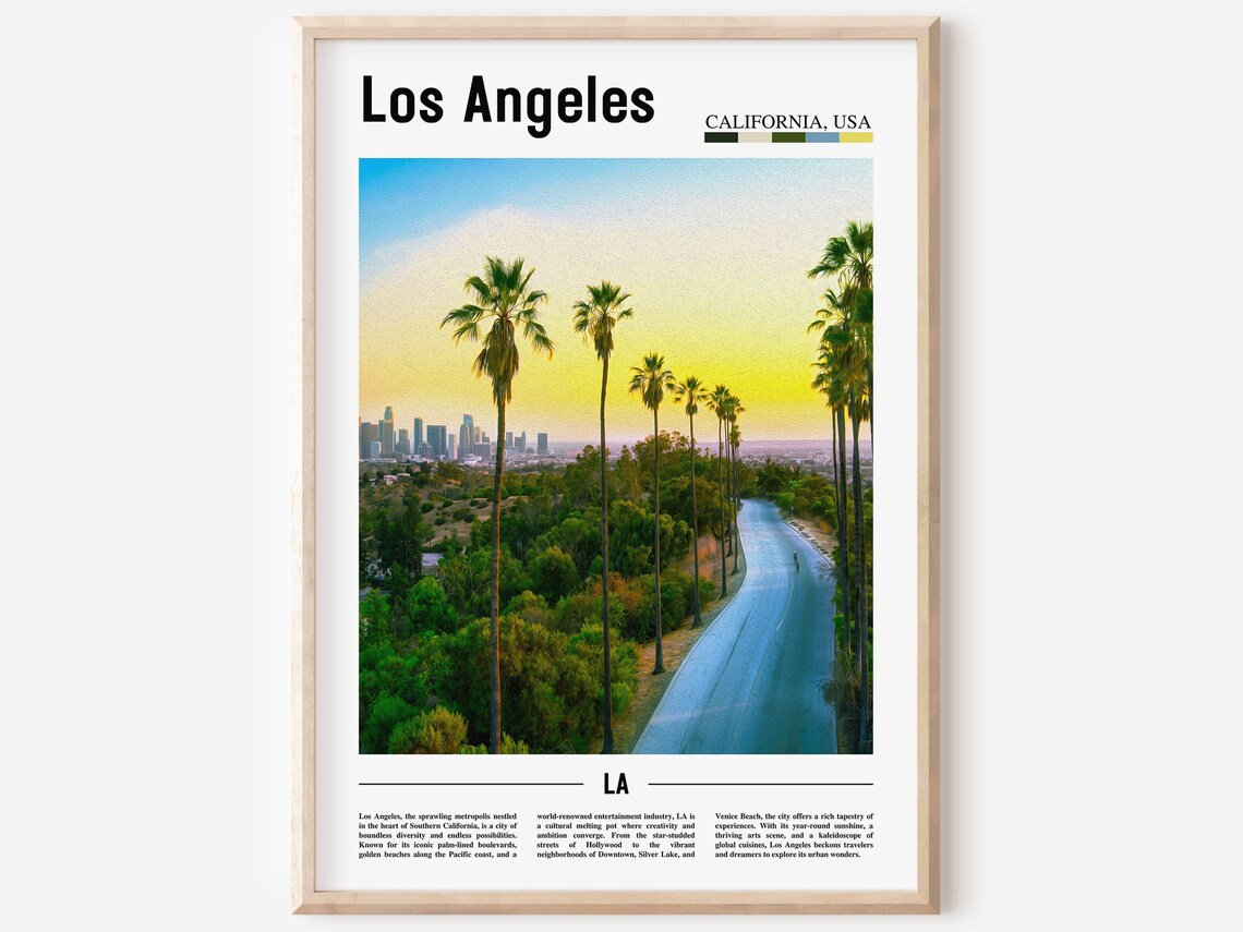 Los Angeles Palm Trees Sunset Downtown Skyline Poster California
