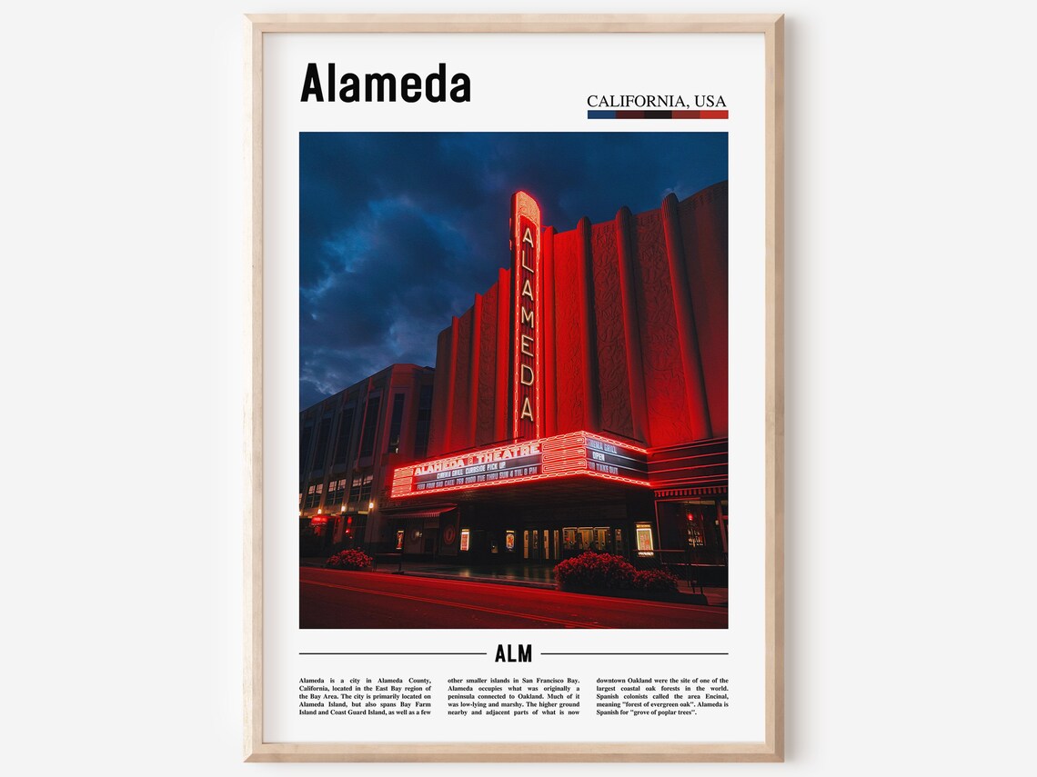 Alameda California Historic Theatre Neon Night Minimalist Travel Poster