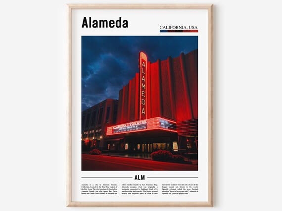 Alameda California Historic Theatre Neon Night Minimalist Travel Poster