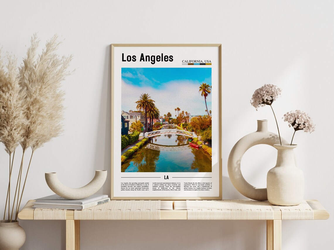 Los Angeles Venice Canals Footbridge Palm Trees Travel Art Poster - Image 3
