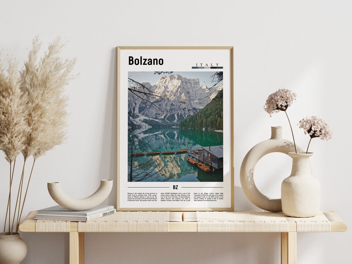 Bolzano Italy Alpine Lake Boats Mountain Reflection Poster Photo - Image 3