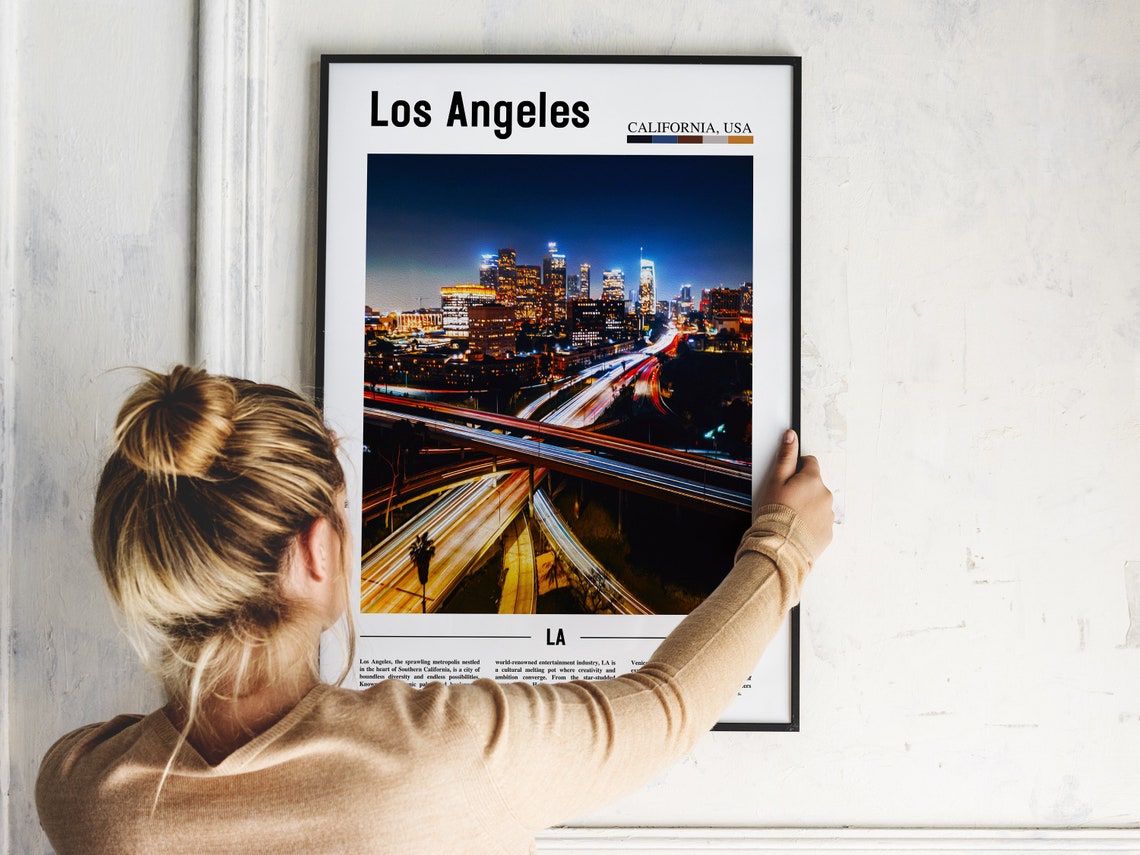 Los Angeles Downtown Skyline Night Freeway Lights Travel Art Poster - Image 2