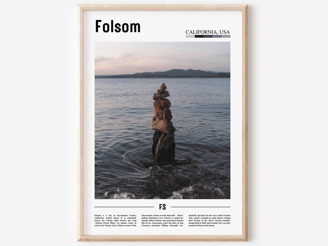 Folsom California Lake Rock Cairn Sunset Balanced Stones Travel Poster