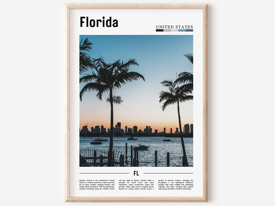 Florida Golden Sunset Palm Trees Waterfront Skyline Photo Poster