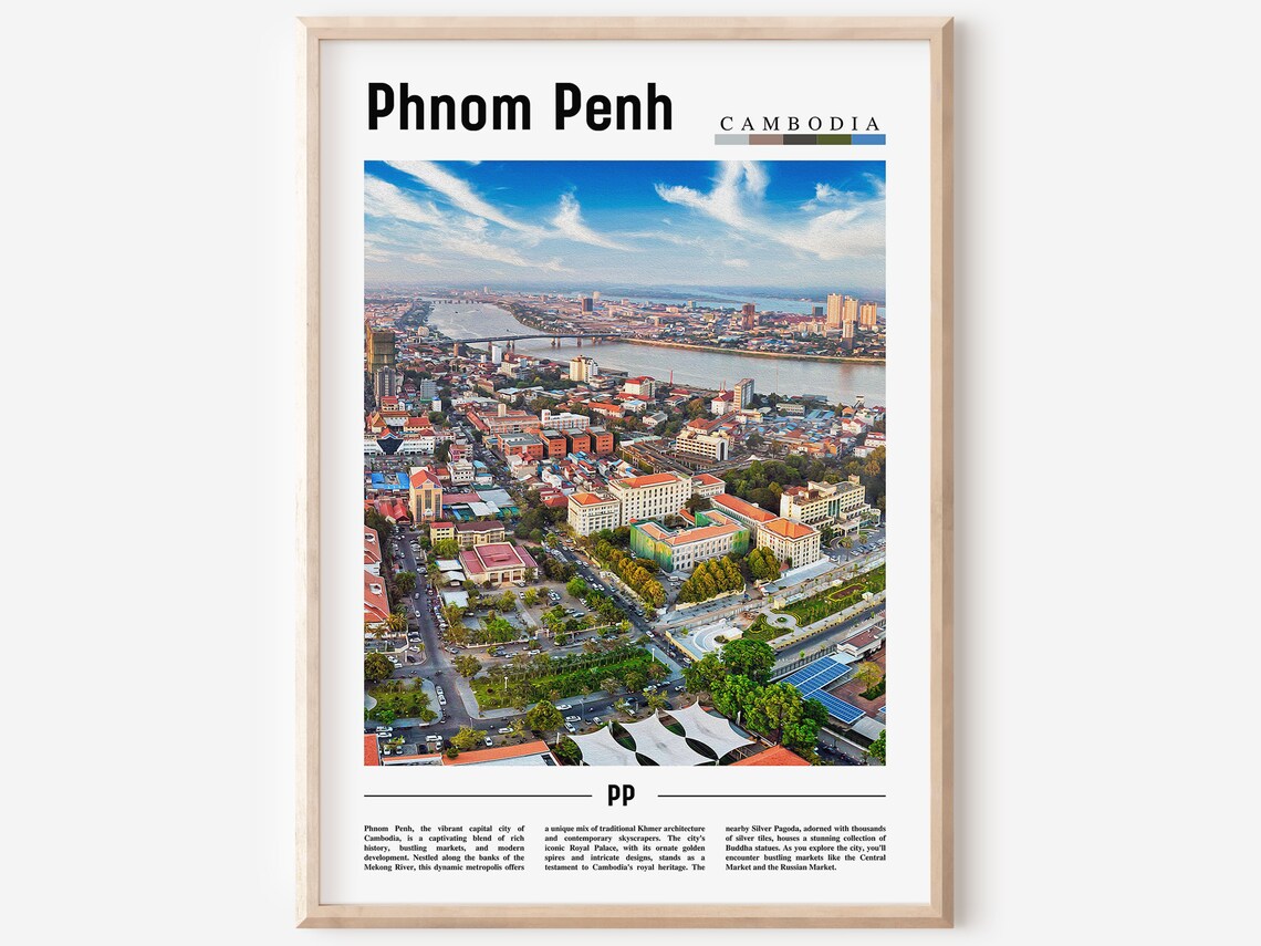 Phnom Penh Cambodia Aerial City River View Travel Poster Art