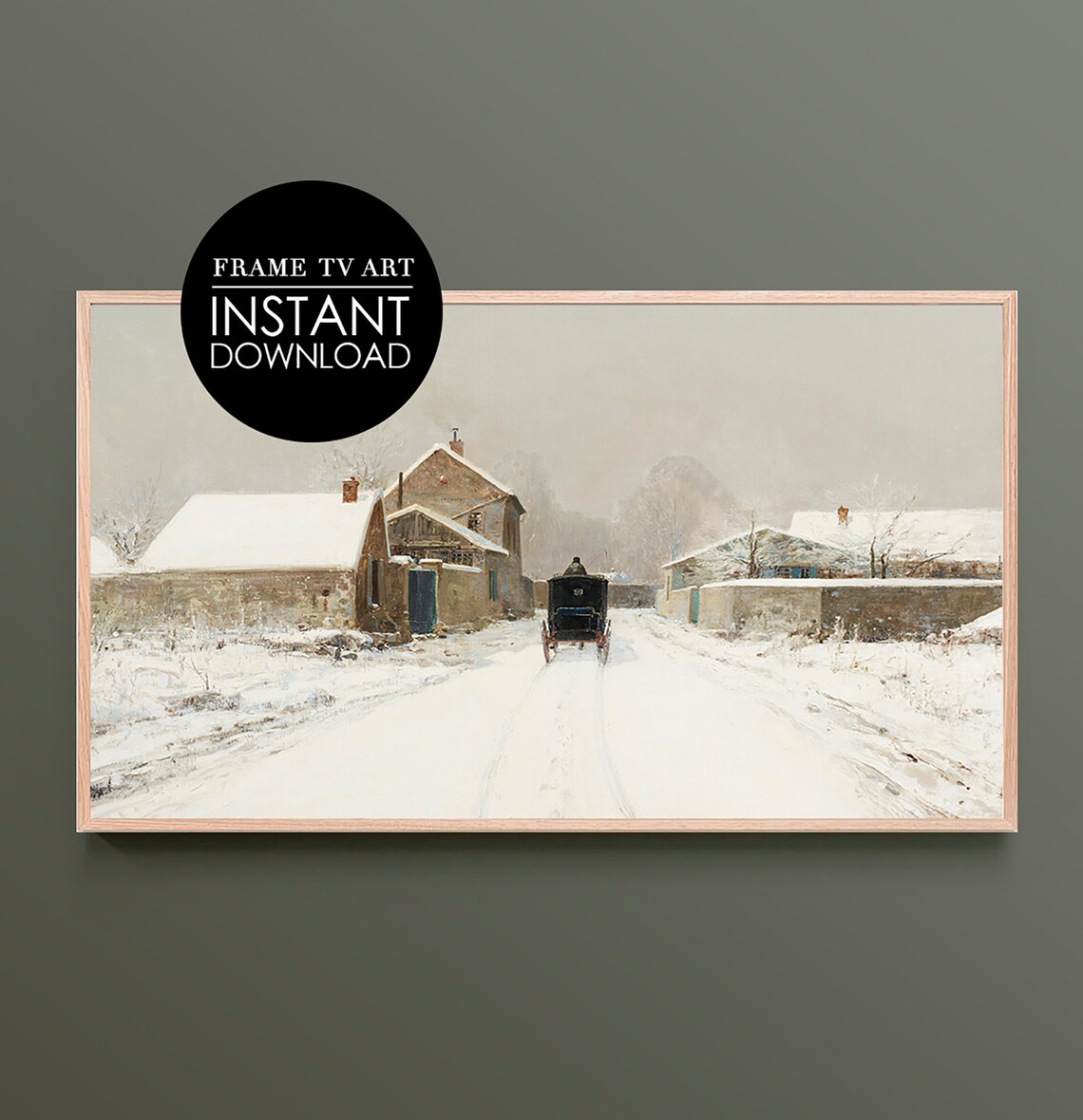Vintage Horse Carriage Snowy Village Winter Landscape Art Poster