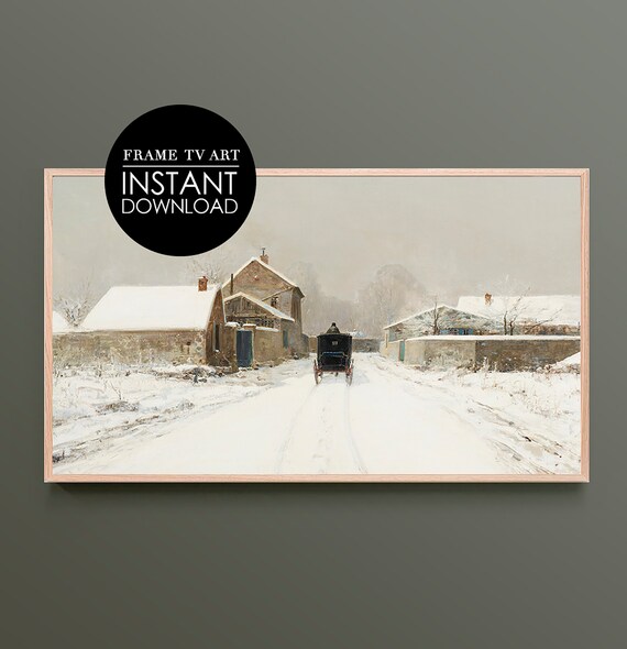 Vintage Horse Carriage Snowy Village Winter Landscape Art Poster
