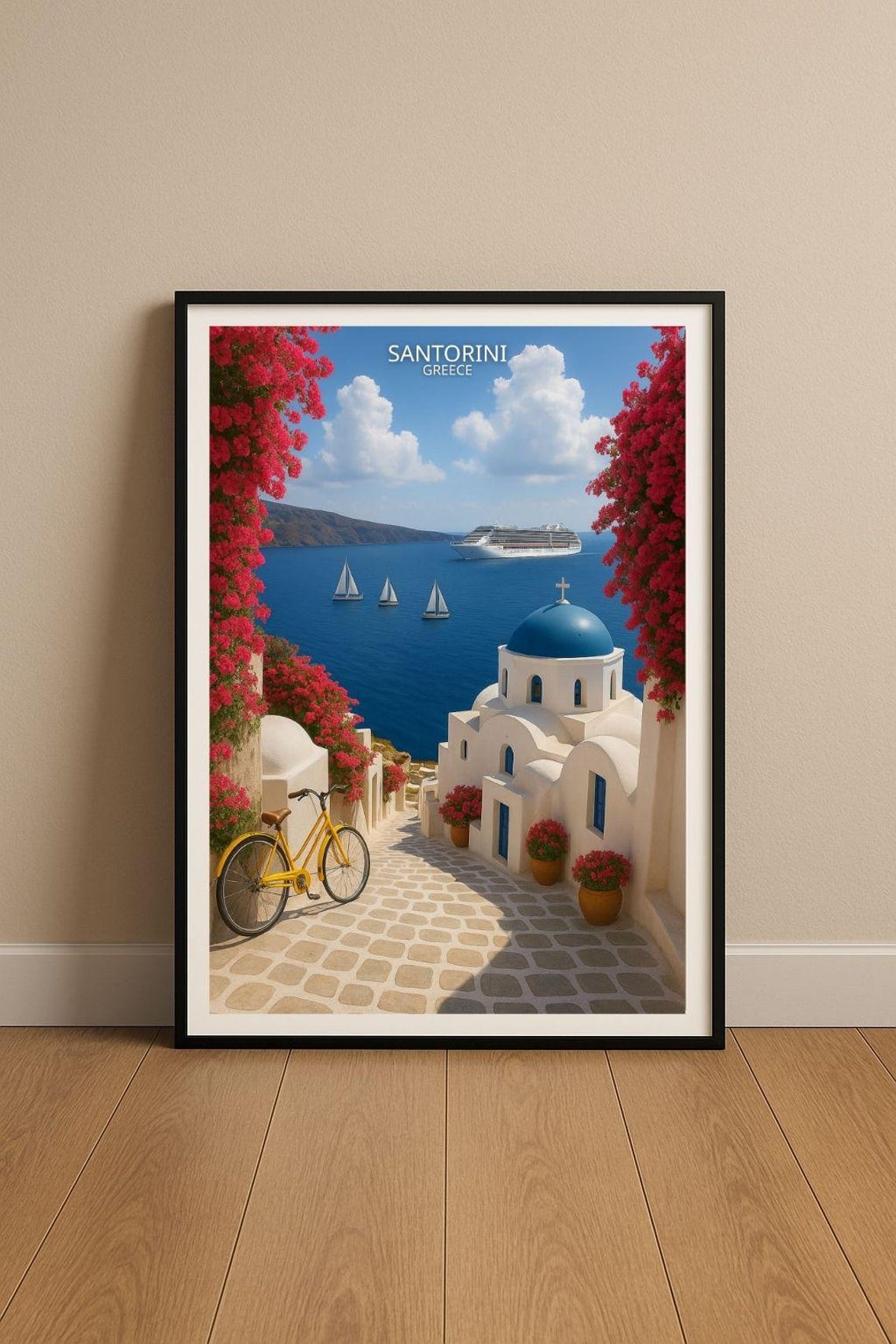 Santorini Greece Blue Dome Church Sailboats Bougainvillea View Poster