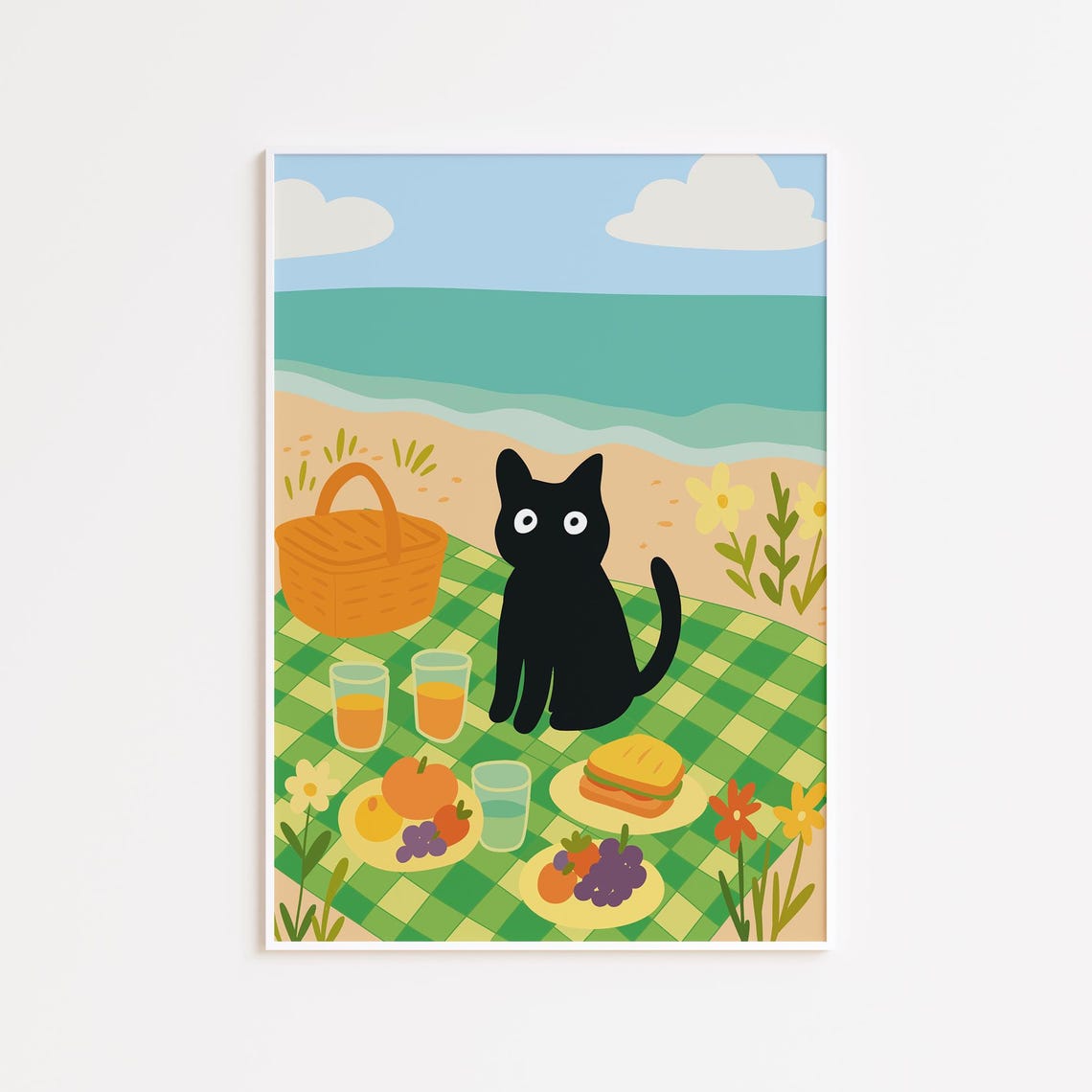Black Cat On The Beach Poster Print Wall Arthand Drawn Cute Animal Pop Illustration Decor Home