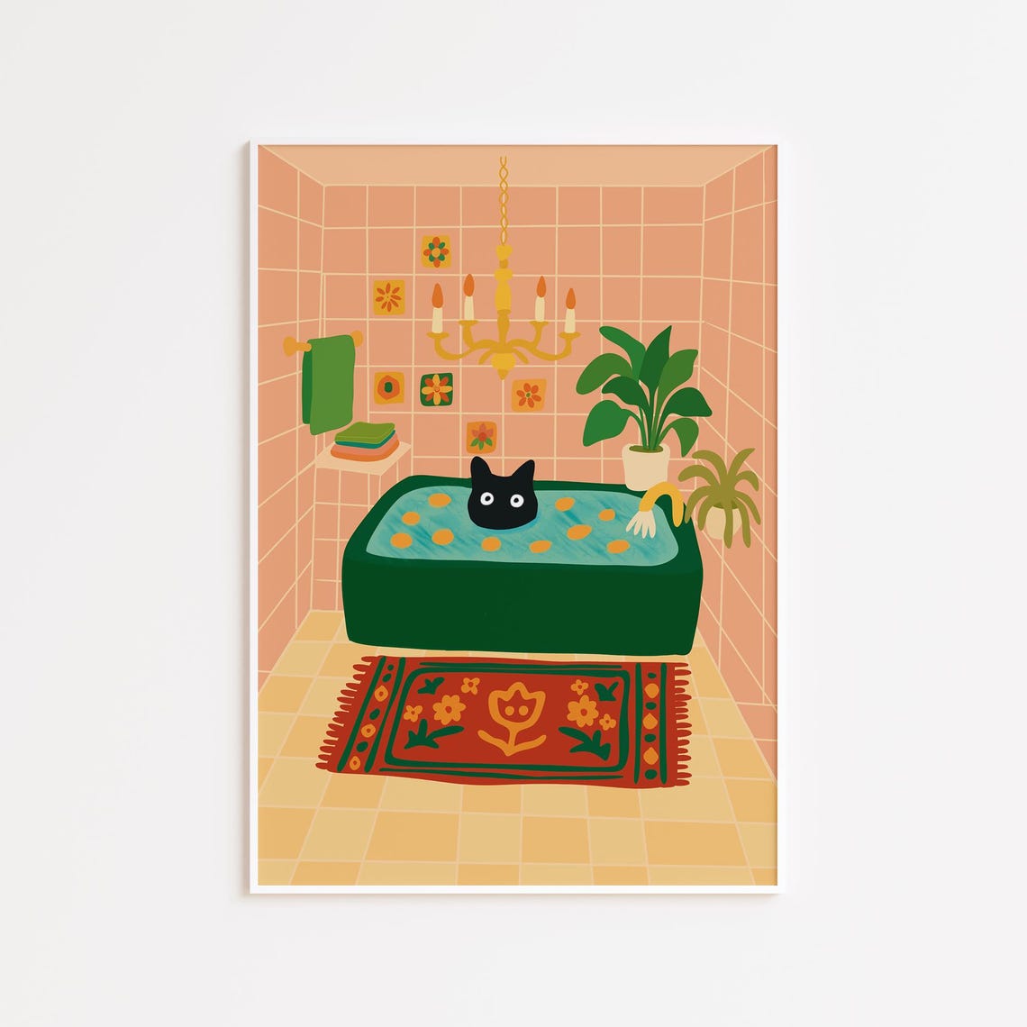 Black Cat Bathtub Soak Pink Tile Bathroom Funny Cute Cat Art Poster