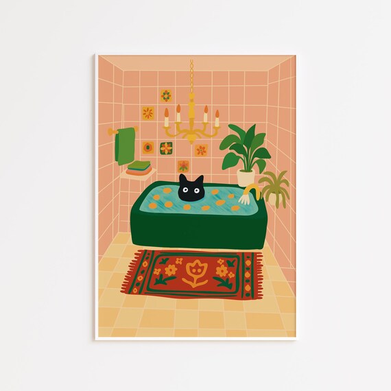 Black Cat Bathtub Soak Pink Tile Bathroom Funny Cute Cat Art Poster