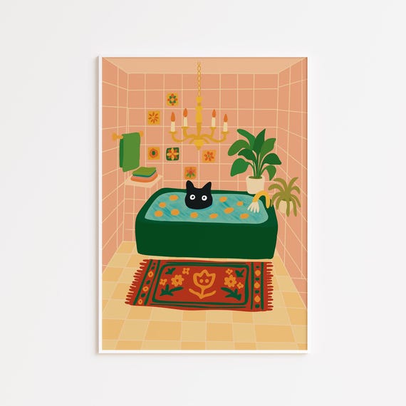 Black Cat On A Toilet Funny Bathroom Wall Art Print Pink Dopamine Decorhand Drawn Poster Cute Animal Pop Illustration